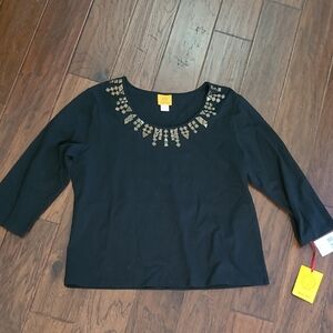 NWT Ruby Rd women's black 3/4 sleeve top featuring stylish gold accents size XL